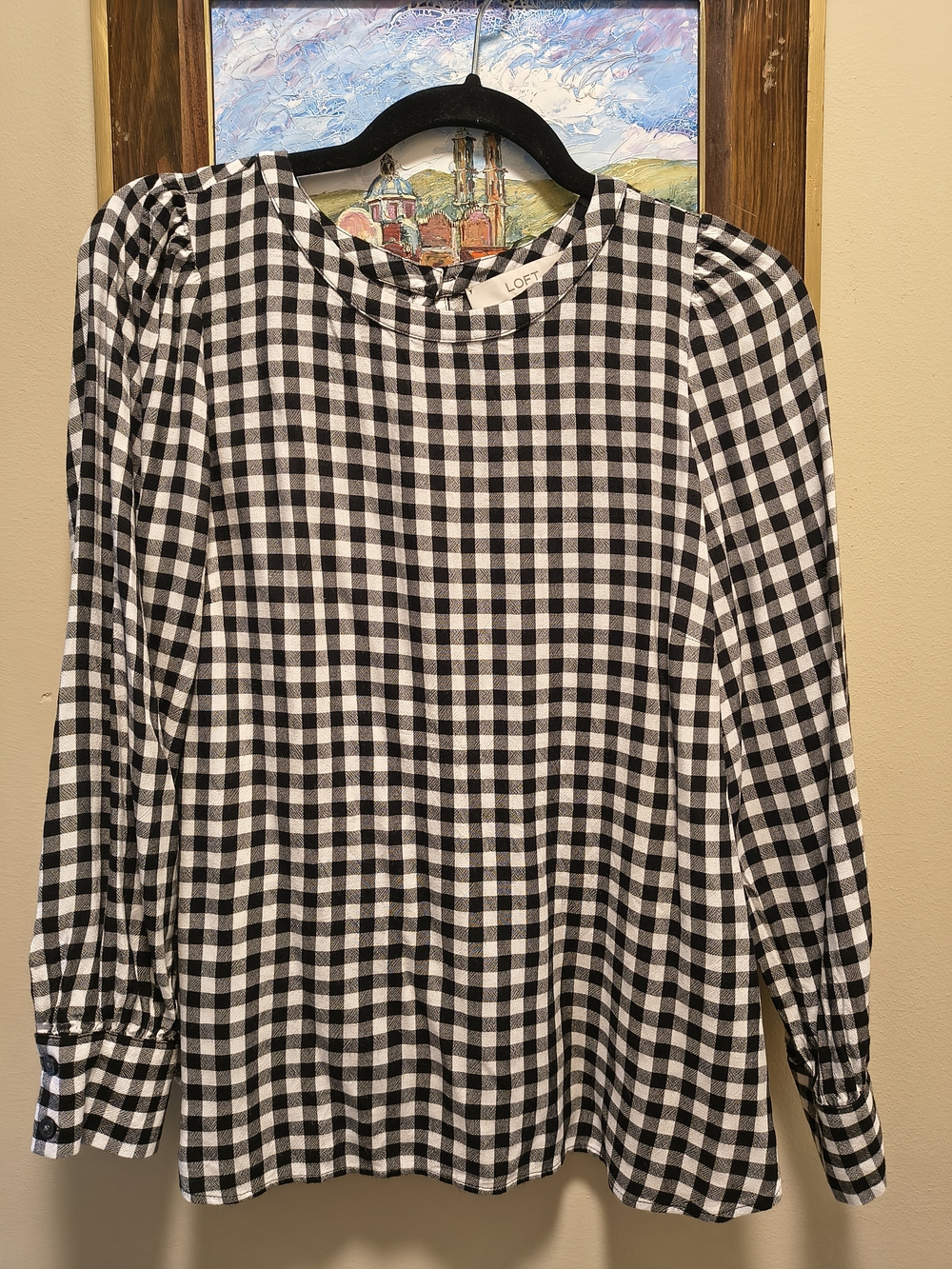 LOFT Black & White Gingham Puff Sleeve Long Sleeve Top